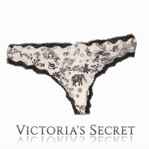 Victoria’s Secret Toile Print Lace Trim Thong Panty Ivory & Black Size L